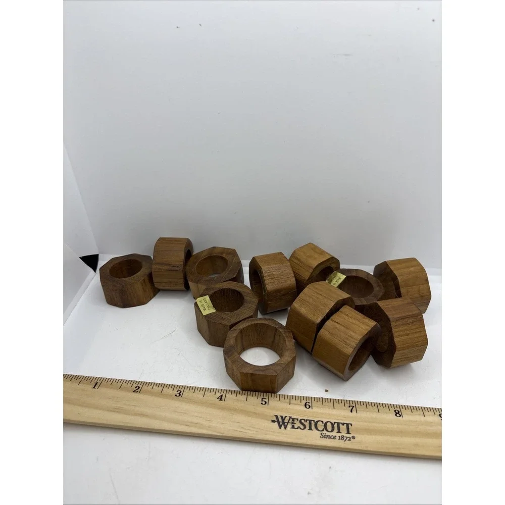 Hand Crafted‎ Teak Wood Round Napkin Rings Made in Thailand Set of 12